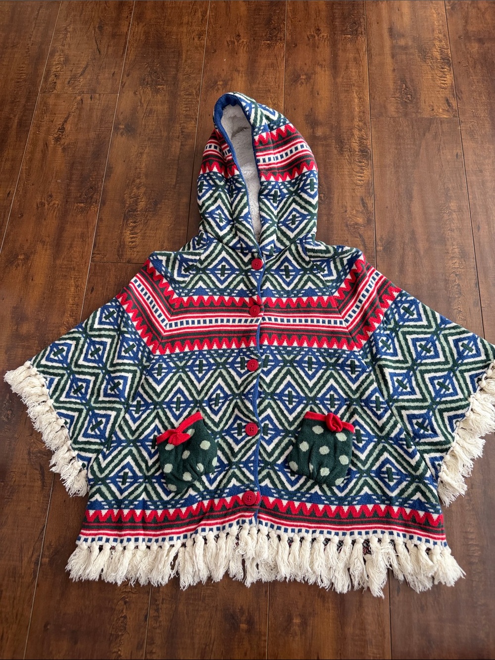 Matilda Jane Hooded Poncho in Blue, Green, Red & Cream with Polka-Dot Pockets